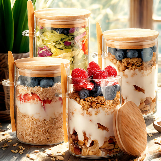 16oz Overnight Oats Glass Jars with Lids & Spoon – Large Capacity Meal Prep Containers