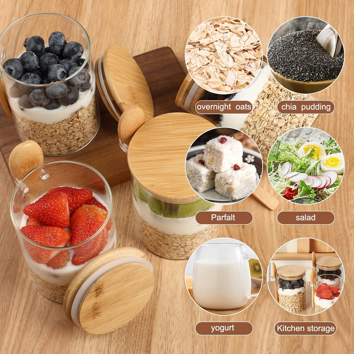 16oz Overnight Oats-Gläser mit Deckel und Löffel – Meal-Prep-Behälter mit großem Fassungsvermögen