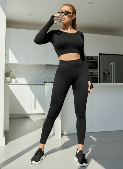 2-teiliger nahtloser Yoga-Anzug aus Strick, langärmliges bauchfreies Top und Leggings mit hoher Taille