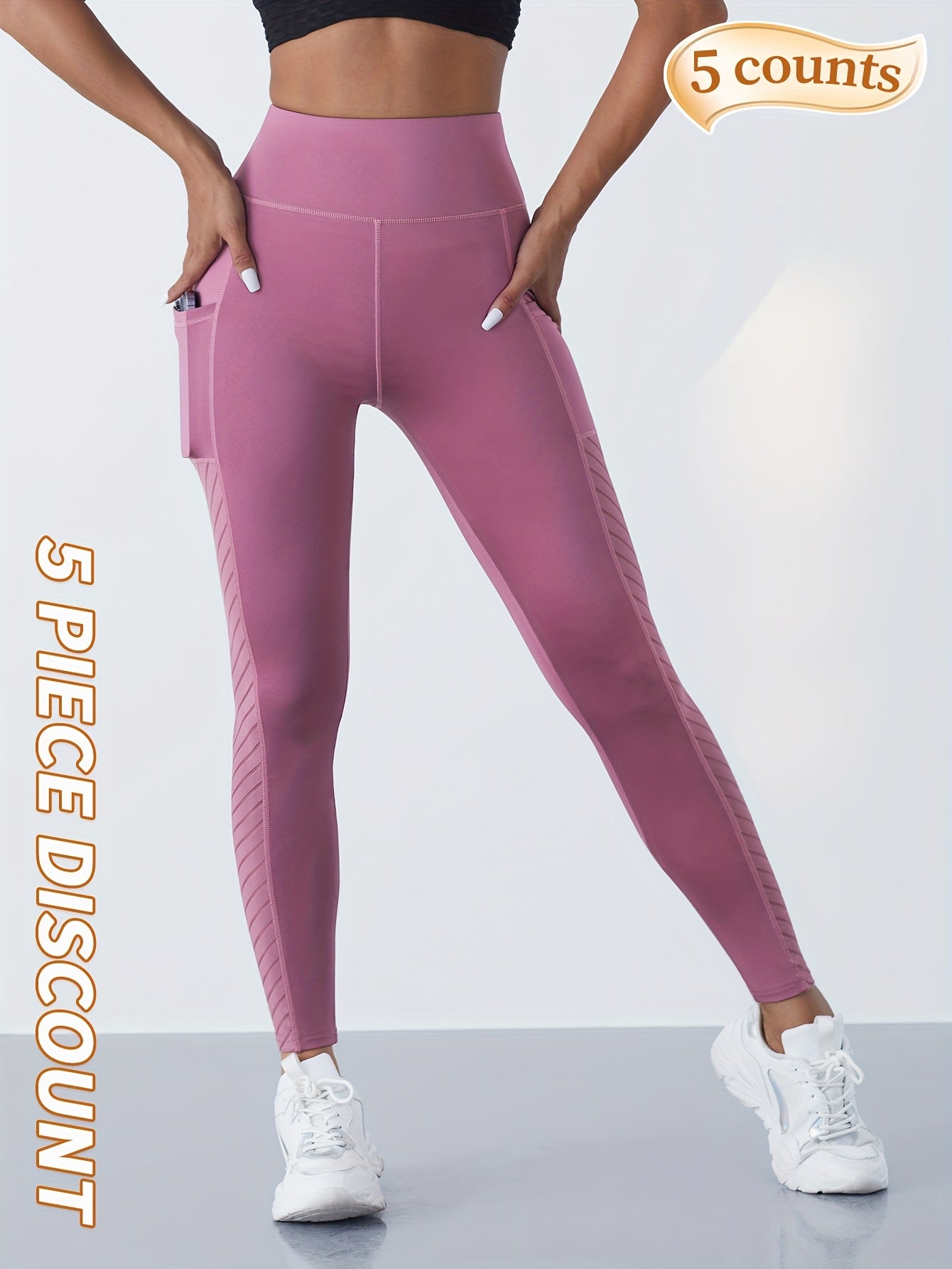5 Pcs High-Waisted Pocket Yoga Pants – Stretchy Solid Color Fitness Leggings for Active Moms On-The-Go