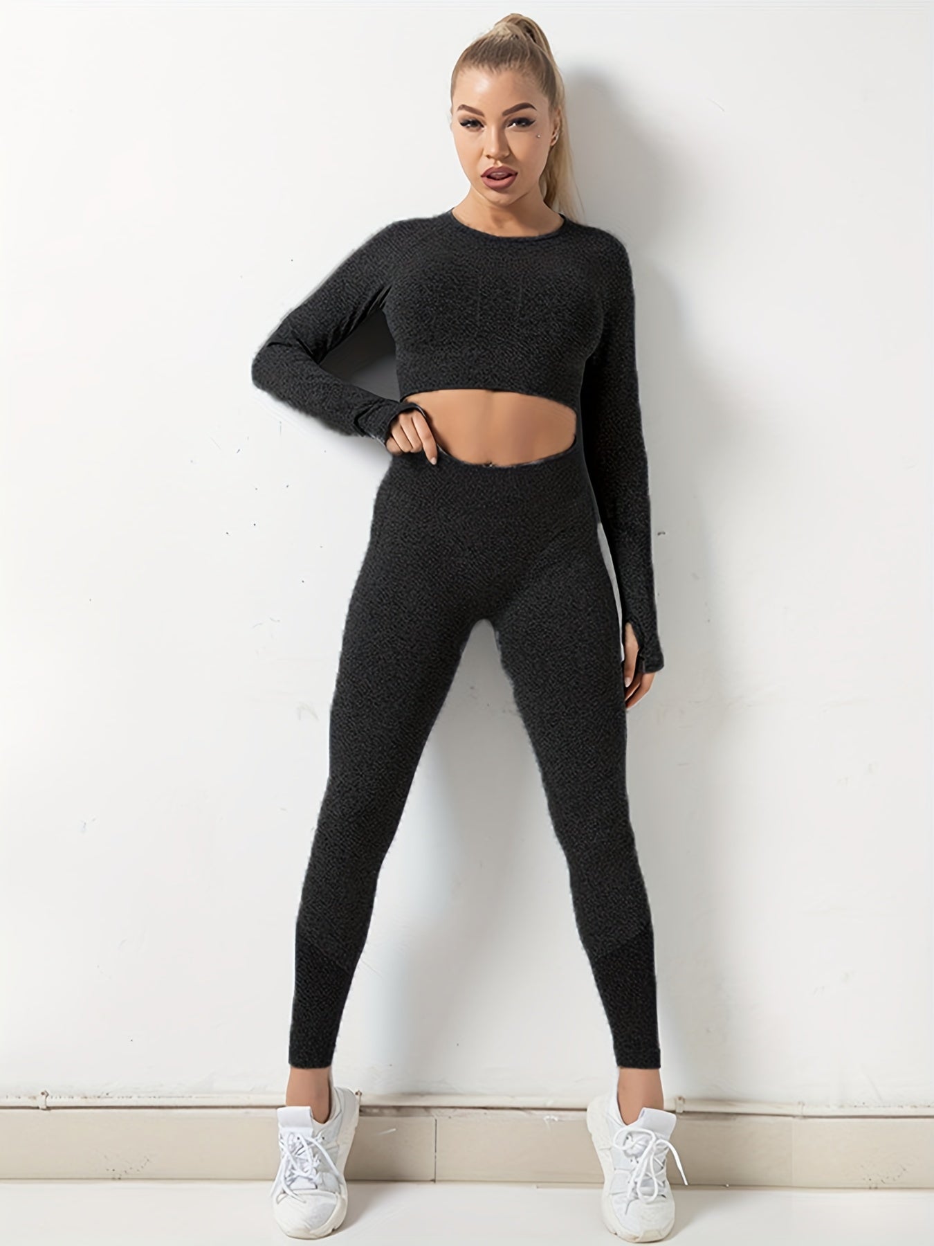2-teiliger nahtloser Yoga-Anzug aus Strick, langärmliges bauchfreies Top und Leggings mit hoher Taille