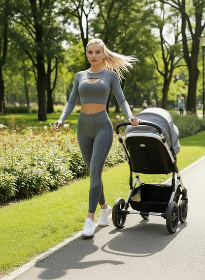 2-teiliger nahtloser Yoga-Anzug aus Strick, langärmliges bauchfreies Top und Leggings mit hoher Taille